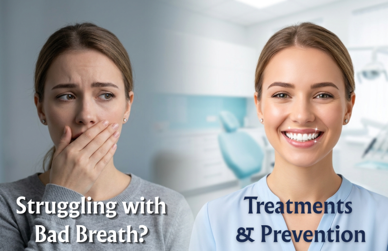 image of woman covering mouth with bad breath and smiling confidently after dental care treatment