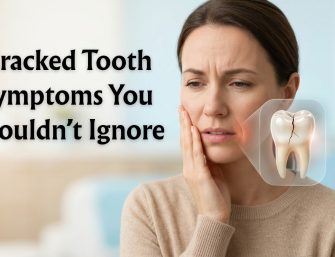 Woman with tooth pain showing cracked tooth symptoms with dental crack illustration.