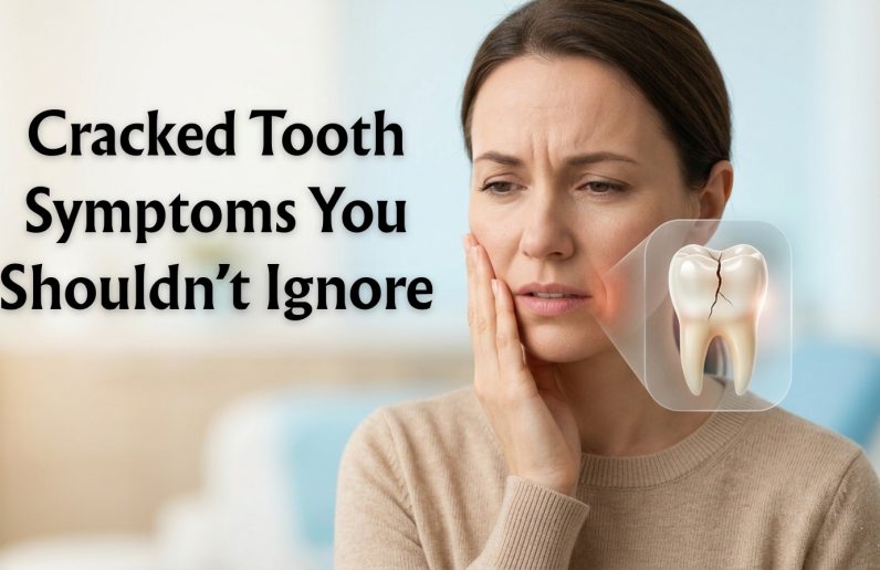 Woman with tooth pain showing cracked tooth symptoms with dental crack illustration.
