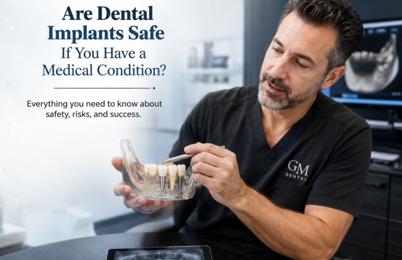 implant dentist explaining dental implant treatment using a jaw model